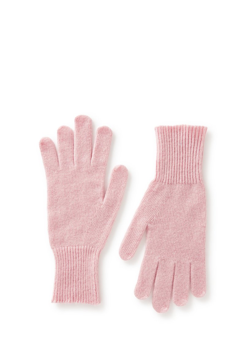 Guanti lavorati a maglia di colore rosa chiaro con polsini a coste, cinque dita e una superficie morbida. Adatti per fornire calore in condizioni fredde.