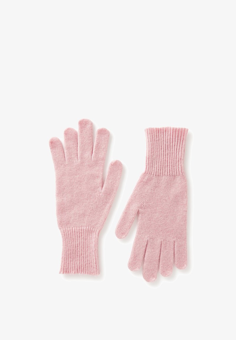 Helle rosa gestrickte Handschuhe mit einem gerippten Bund, fünf Fingern und einer weichen Textur. Geeignet für zusätzliche Wärme bei kalten Bedingungen.