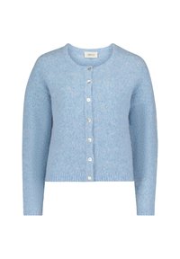 Hellblauer, knöpfbarer Cardigan aus weichem, strukturiertem Material mit rundem Ausschnitt und langen Ärmeln. Mit sechs weißen Knöpfen an der Vorderseite.