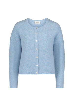 Jasnoniebieski kardigan na guziki wykonany z miękkiego, fakturowanego materiału, z okrągłym dekoltem i długimi rękawami. Z przodu znajduje się sześć białych guzików.