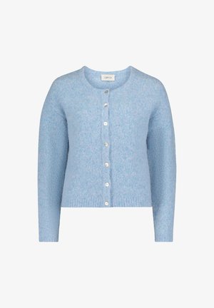 Jasnoniebieski kardigan na guziki wykonany z miękkiego, fakturowanego materiału, z okrągłym dekoltem i długimi rękawami. Z przodu znajduje się sześć białych guzików.