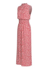 Rotes Maxikleid mit hohem Kragen, ärmellosem Design, elastischem Bund und einem Muster aus kleinen weißen Blumen auf einem lebhaften Hintergrund.