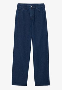 Jeans de mezclilla de tiro alto y pierna ancha en azul oscuro, con cierre de botón frontal y diseño de cinco bolsillos sobre un fondo blanco.