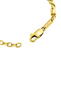 Złota bransoletka metalowa z splątanymi ogniwami, zapięciem o wypolerowanej powierzchni oraz małym tagiem wygrawerowanym z napisem "BREIL".