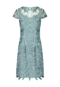 Abito corto ricamato in un tenue teal, con motivi floreali e dettagli testurizzati, maniche a sbuffo e scollatura trasparente. Chiusura con zip sul retro.