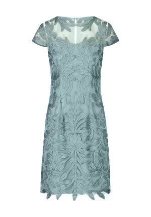 Embroidered short dress in soft teal, featuring floral patterns with textured detailing, cap sleeves, and a sheer neckline. Back zipper closure.