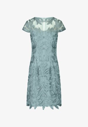 Geborduurd kort jurkje in zacht teal, met bloemmotieven en textuurdetails, korte mouwen en een doorzichtige halslijn. Rits aan de achterkant.