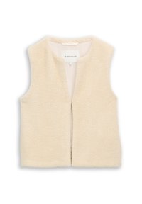 Veste sans manches en fausse toison couleur crème, devant ouvert et col rond, étiquette Tom Tailor, taille petite.