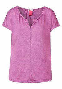 Rosa kortärmad topp med V-ringning, tillverkad av mjukt tyg. Har subtila rynkor vid halslinningen och en avslappnad passform.