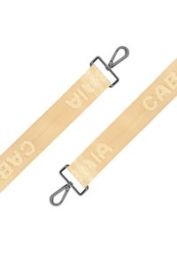 Beiger Stoffgurt mit gewebtem Text, der das Wort "CABANA" zeigt. Die Endclips sind dunkelmetallisch und mit einem schwenkbaren Design versehen. Glatte Textur.