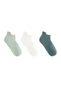 Three pairs of low-cut socks in light green, white, and dark green. Textured fabric with ribbed accents on the cuff and body.