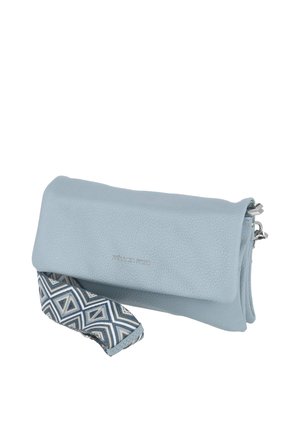 Light blue textured leather clutch bag with silver hardware and a detachable patterned strap featuring geometric triangles in blue and beige.