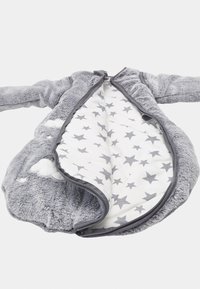 Gray plush hoodie with soft exterior and star-patterned interior. Features a front zipper and long sleeves with a rounded edges design.