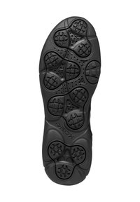 Semelle de chaussure en caoutchouc noir avec un motif texturé de formes arrondies et de rainures, comportant des trous de ventilation et le nom de la marque "GEOX."