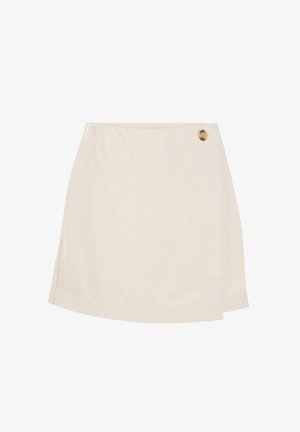Lyhyt beige kietaisuhame kevyestä kankaasta, jossa on yksi nappisulku ja sivuhalkio lisäyksityiskohtana.