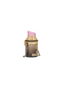 Gold- und schwarzer zylindrischer Behälter mit pinkem Deckel. Verfügt über einen Kettenriemen und Nietenakzente. Der Text lautet "PINK BRACCIALI."