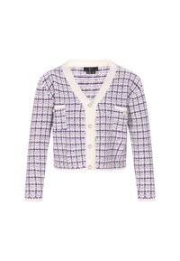 Lila és fehér mintázatú kardigán, szőtt anyagból készült, V-nyakkal, hosszú ujjakkal, két elülső zsebből és gombos záródással.