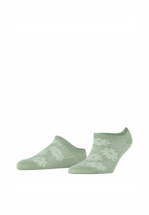 Paire de chaussettes basses vert clair avec des motifs abstraits blancs sur un fond blanc, vues de face et de côté.