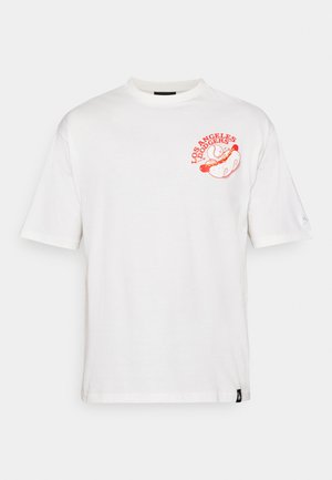 White cotton t-shirt with a round neckline and short sleeves. Features a graphic print in red reading "LOS ANGELES DODGERS" and a hot dog design.