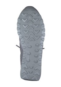 Gray rubber shoe sole featuring textured tread with triangular patterns and indents for grip; marked with size 38 on the side.