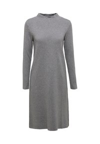 Robe en maille grise à manches longues, longueur au genou, avec un col montant, un design simple, sans motifs ni ornements visibles.