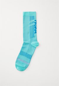 Single turquoise athletic sock with darker blue stripes and the word "HUMAN" knitted vertically on the calf section, laid flat on white background.