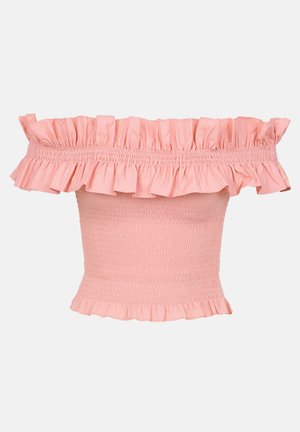 Rózsaszín, vállán lógramló felső, fodros nyakkivágással és szegéllyel, simított mellrésszel a karcsú, textúrált megjelenésért.