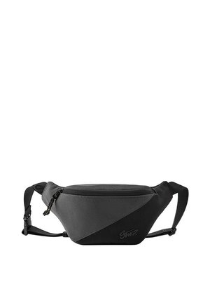 Sac banane bicolore noir et gris foncé avec un compartiment principal zippé et des bretelles ajustables sur fond blanc.