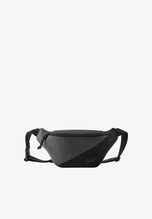 Sac banane bicolore noir et gris foncé avec un compartiment principal zippé et des bretelles ajustables sur fond blanc.
