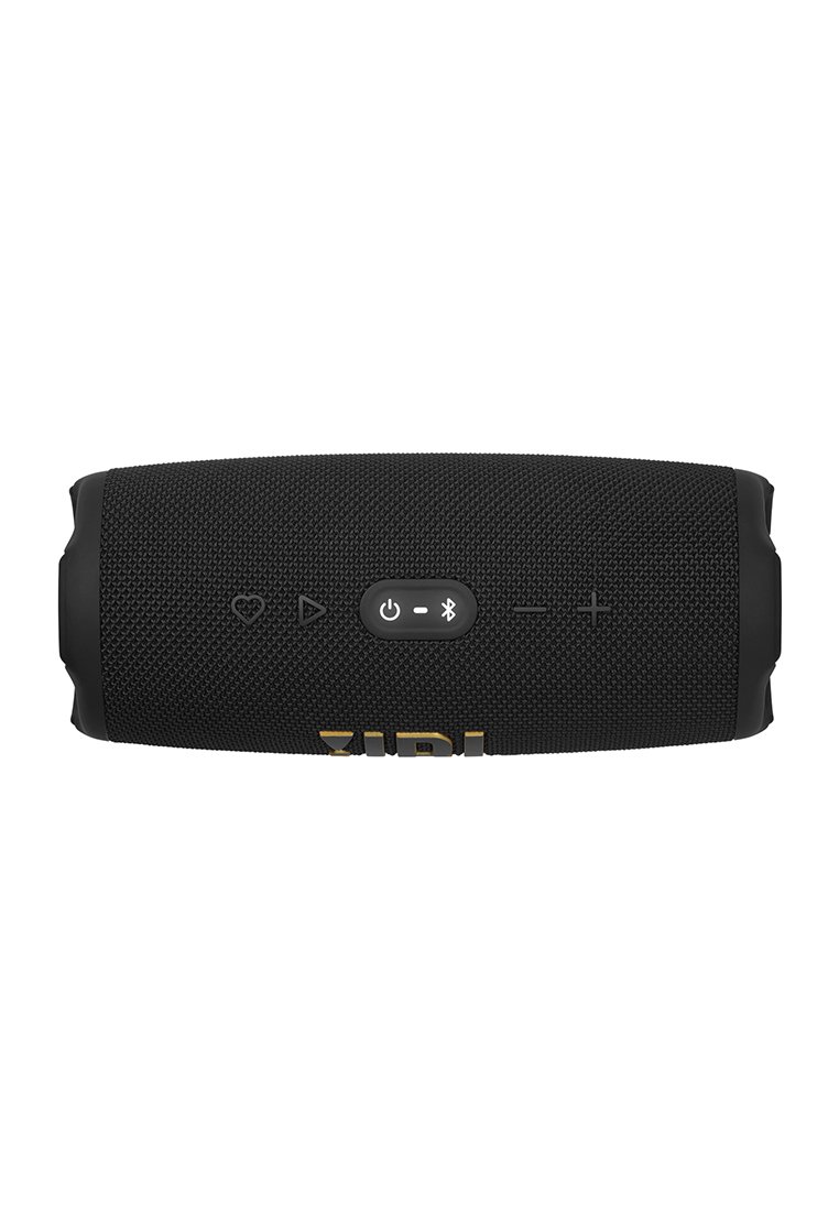 Schwarz tragbarer kabelloser Lautsprecher mit Stoffgitter, Tasten für Stromversorgung, Bluetooth, Lautstärke, Wiedergabe und teilweise sichtbarem JBL-Logo.