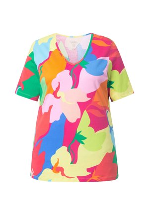Kurzärmeliges V-Ausschnitt-Shirt mit auffälligem, mehrfarbigem abstraktem Blumenmuster in Pink-, Orange-, Blau-, Grün- und Gelbtönen auf weißem Hintergrund.