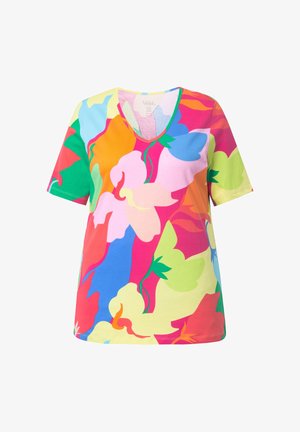 Kortærmet V-hals skjorte med fed, flerfarvet abstrakt blomsterprint i nuancer af pink, orange, blå, grøn og gul på hvid baggrund.