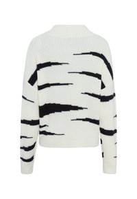 Knit sweater featuring a white base with bold black stripe patterns, a round neck, and ribbed cuffs and hem for a snug fit.