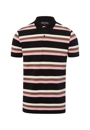 Herrenshirt mit kurzen Ärmeln und horizontalen Streifen in Schwarz, Pink, Weiß und Braun, ausgestattet mit einer 2-Knopf-Leiste und Kragen.