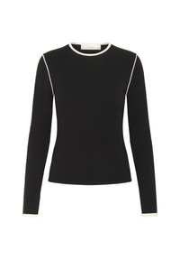 Melna garām piedurknēm pieguļoša blūze ar baltiem akcentiem apkaklē, plecu daļā un piedurknēs, izlikta uz baltā fona.