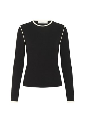 Fekete, hosszú ujjú, testhez simuló felső fehér díszítéssel a nyakrészen, a vállakon és az ujjak végén, fehér háttér előtt bemutatva.