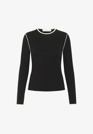 Fekete, hosszú ujjú, testhez simuló felső fehér díszítéssel a nyakrészen, a vállakon és az ujjak végén, fehér háttér előtt bemutatva.