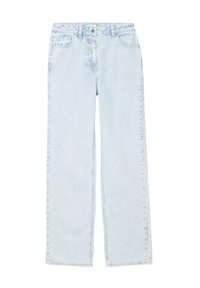 Jean en denim bleu clair à jambe large avec un motif rayé subtil. Il dispose de poches avant et d'une fermeture classique à bouton.
