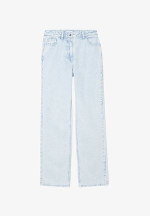 Jean en denim bleu clair à jambe large avec un motif rayé subtil. Il dispose de poches avant et d'une fermeture classique à bouton.