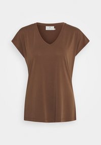T-shirt marrone a maniche corte con scollatura a V realizzato in tessuto morbido. Presenta una vestibilità comoda con maniche arrotolate e un design semplice e non decorato.