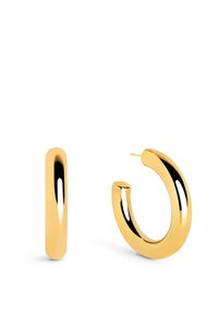 Orecchini a cerchio in oro con una superficie liscia e lucida. Forma circolare con un profilo spesso e un perno per un fissaggio sicuro.
