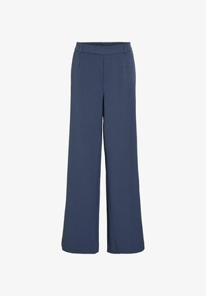 Pantalons larges en tissu bleu foncé uni, dotés d'une taille élastique et d'une texture lisse. Pas de motifs ni de matériel visible.