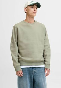 Grijs-groene sweatshirt met een ronde hals en geribbelde manchetten, gedragen met lichtblauwe jeans. De stof lijkt zacht met een gladde textuur.