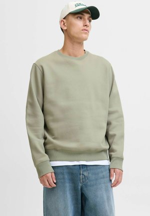 Grågrön tröja med rundad halsringning och ribbade muddar, tillsammans med ljusblå jeans. Tyget verkar mjukt med en slät textur.