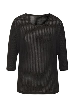 Zwarte gebreide top met een losse pasvorm, heeft een ronde halslijn en driekwart mouwen. Gewoven patroon met kleine diamanten vormen overal.