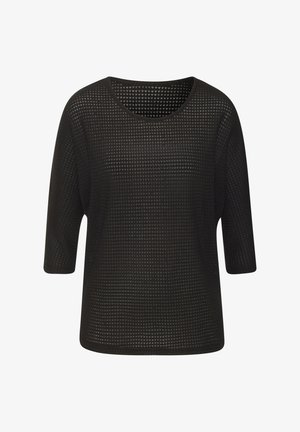 Zwarte gebreide top met een losse pasvorm, heeft een ronde halslijn en driekwart mouwen. Gewoven patroon met kleine diamanten vormen overal.