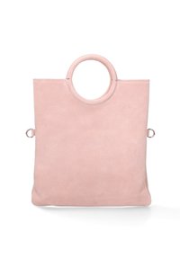 Borsa tote in suede rosa con manico superiore circolare, caratterizzata da un design minimalista e anelli laterali per cinturini o accessori aggiuntivi.