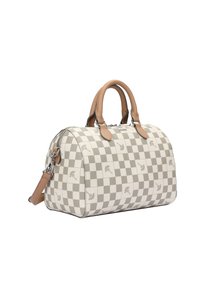 Borsa a mano a scacchi beige e bianca con manici in pelle color nocciola e tracolla staccabile, caratterizzata da piccoli motivi floreali e cerniera argentata.