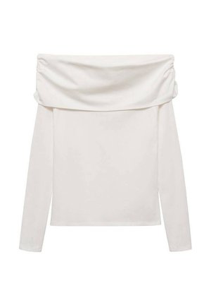 Weißes langärmeliges Top mit schulterfreiem, weitem, umgeschlagenem Ausschnitt, tailliert mit geradem Saum und glatter Stoffstruktur.