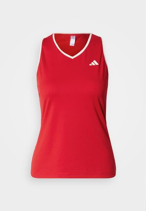 Czerwona sportowa koszulka bez rękawów z dekoltem w serek, białym obramowaniem i małym białym logo po lewej stronie. Wykonana z gładkiego, oddychającego materiału.